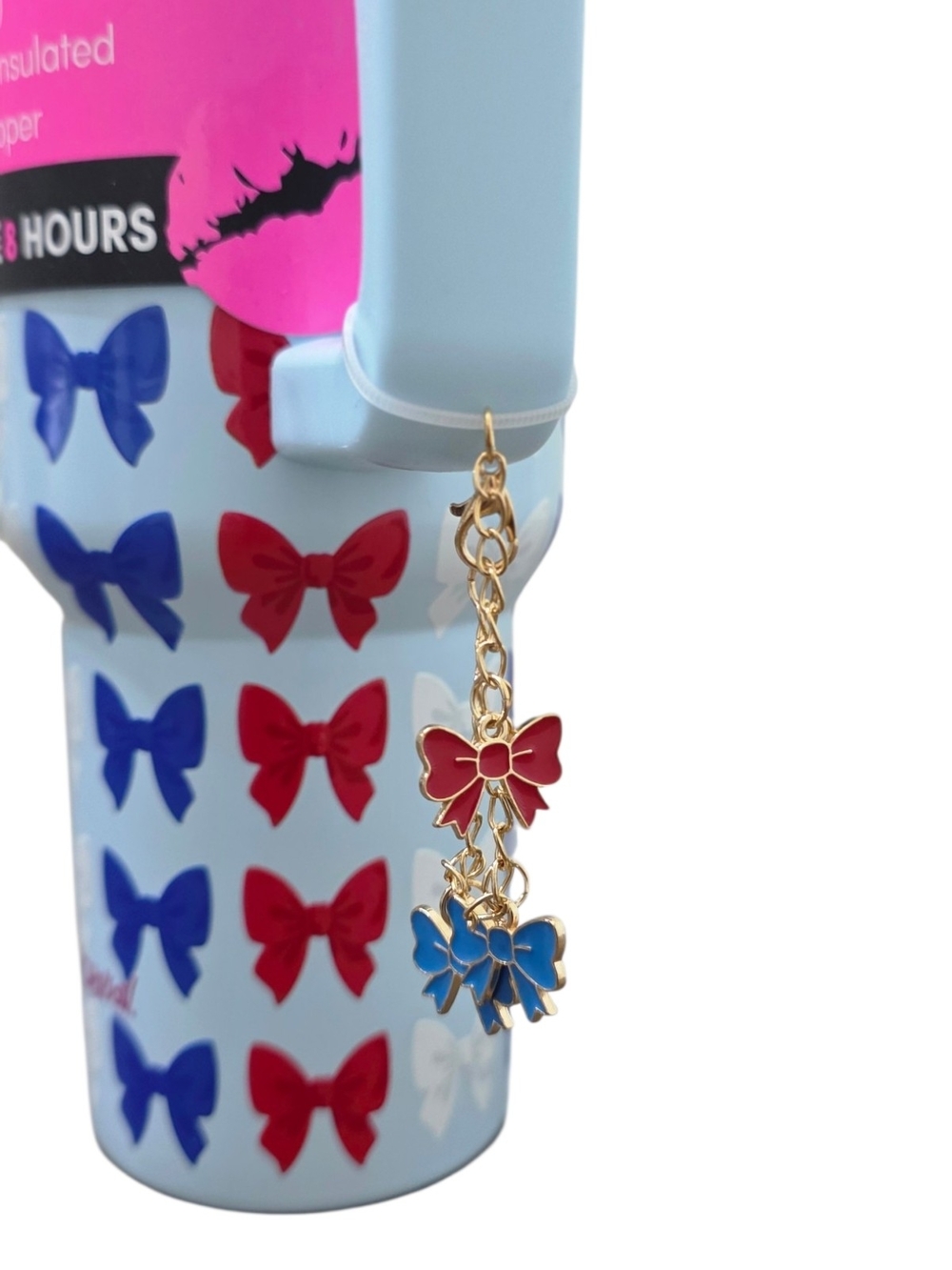 Betsey Johnson 40oz Stainless Steel Insulated Tumbler Bow Print Red White Blue - Picture 4 of 8